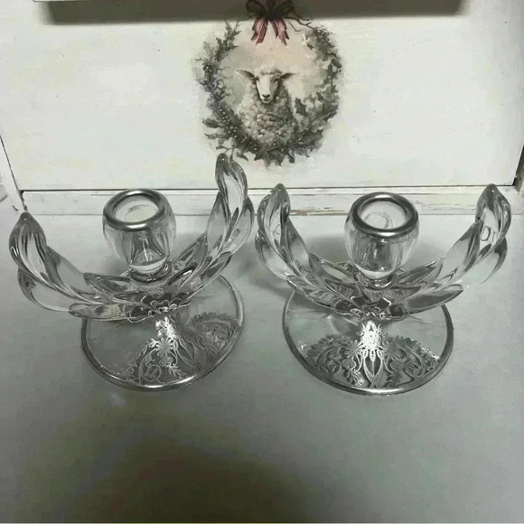 Vintage elegant art deco silver overlay glass candle holders